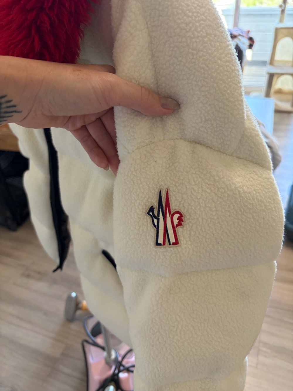 White Moncler Sherpa Puffer Jacket with Red Fur Collar - Picture 2 of 10